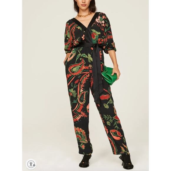 Something Navy Black Floral Satin Jumpsuit XS Cocktail Party Taper Designer $195 - Picture 1 of 13
